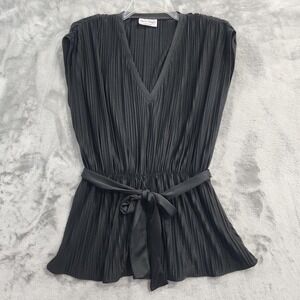 Vintage Three Flaggs Top Womens M Black Plisse‎ Pleated Sleeveless Tie Waist 80s